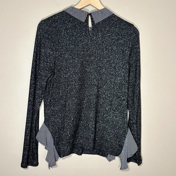 Women's L Monteau Sweater Peter Pan Collar Top Charcoal Striped Soft Stretch - Picture 3 of 8